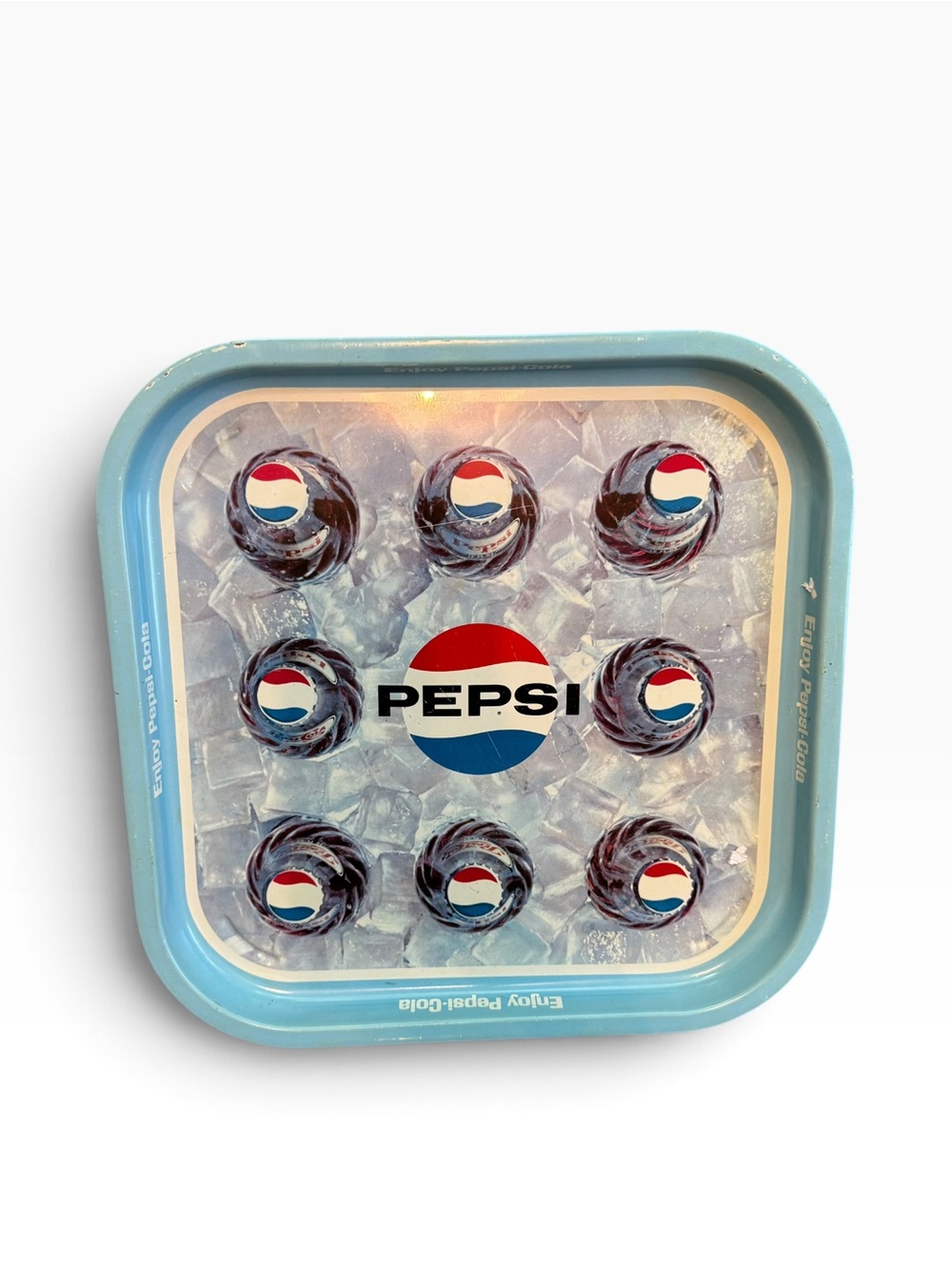 Vintage Pepsi-Cola Metal Serving Tray - 1960s, 13.25" Square, 8 Bottles in Ice